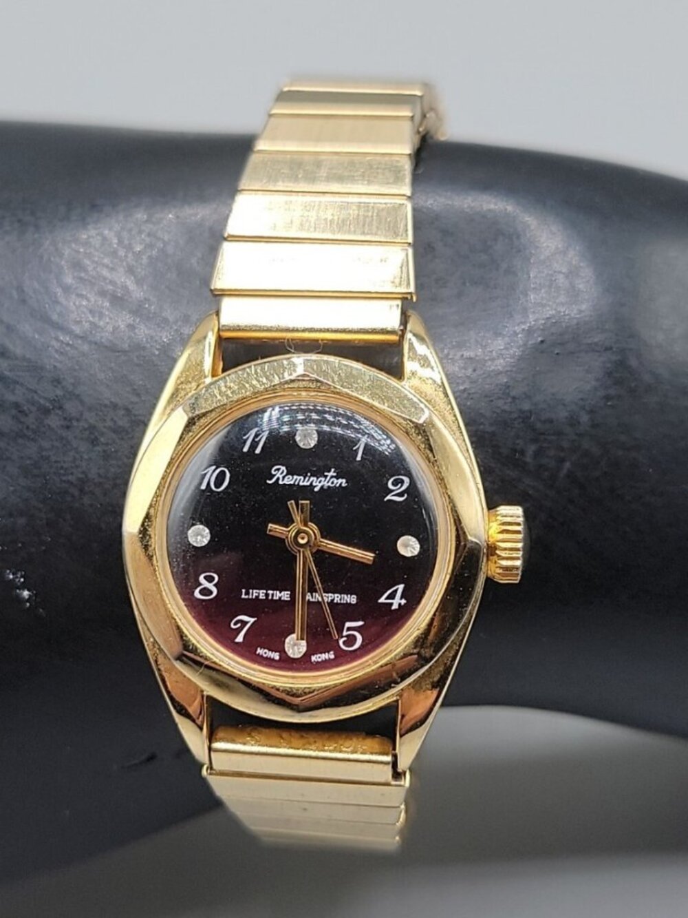 Remington Manual Wind Watch Ladies 24mm Burgundy Dial 6" Gold Tone Vintage